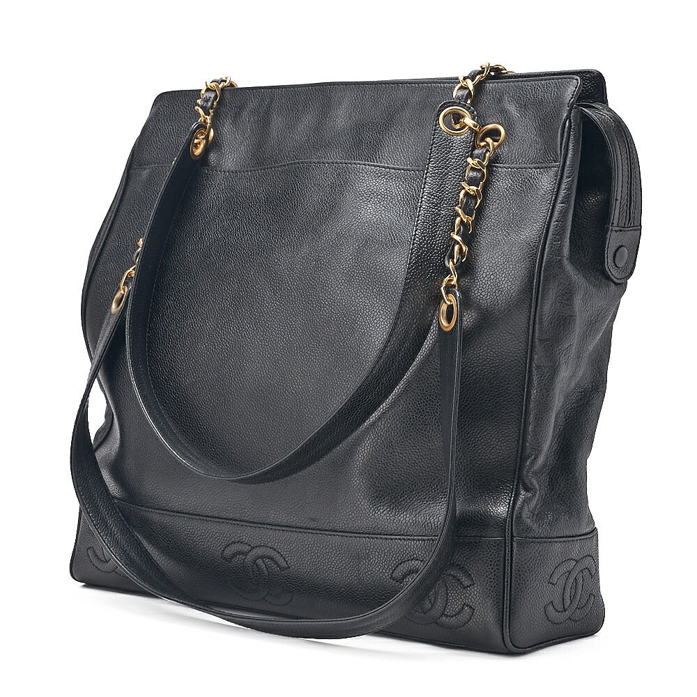 CHANEL Triple Coco Caviar Skin Double Chain Tote Bag with Plate Charm Black Gold-Tone Hardware, Pre-Owned
