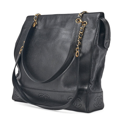 CHANEL Triple Coco Caviar Skin Double Chain Tote Bag with Plate Charm Black Gold-Tone Hardware, Pre-Owned