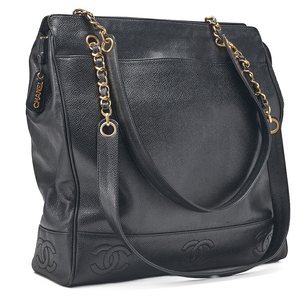 CHANEL Triple Coco Caviar Skin Double Chain Tote Bag with Plate Charm Black Gold-Tone Hardware, Pre-Owned