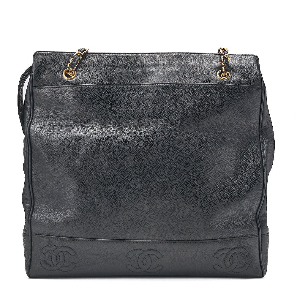 CHANEL Triple Coco Caviar Skin Double Chain Tote Bag with Plate Charm Black Gold-Tone Hardware, Pre-Owned