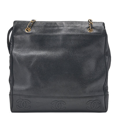 CHANEL Triple Coco Caviar Skin Double Chain Tote Bag with Plate Charm Black Gold-Tone Hardware, Pre-Owned