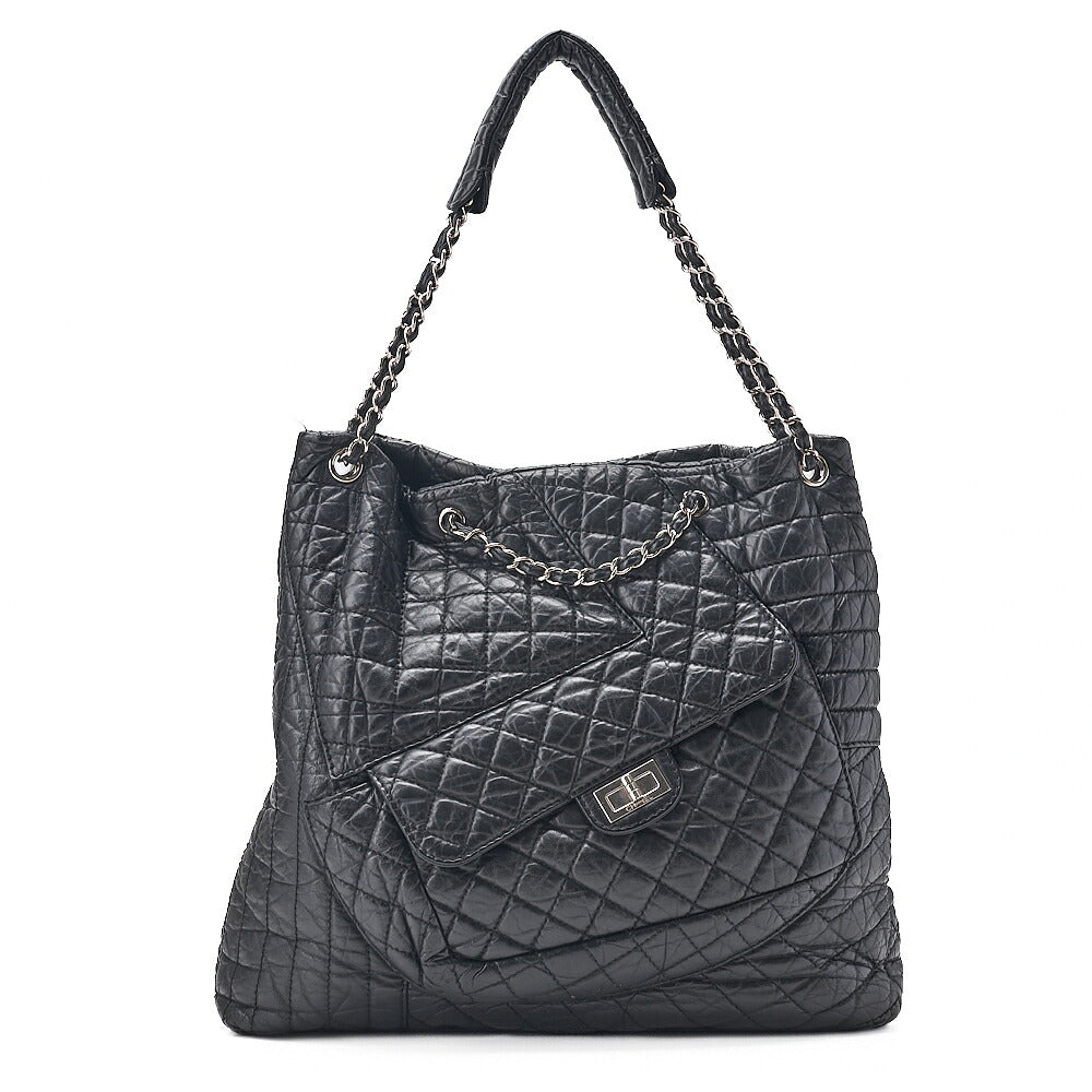 CHANEL Vintage Calf Matelasse 2.55 Turn Lock 2-Way Shoulder Outside Flap Multi-Pocket Black Silver-Tone Hardware, Pre-Owned
