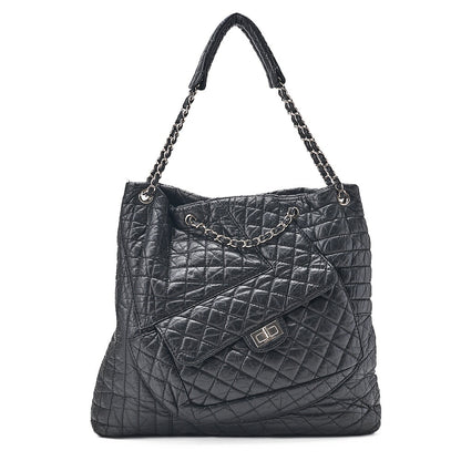CHANEL Vintage Calf Matelasse 2.55 Turn Lock 2-Way Shoulder Outside Flap Multi-Pocket Black Silver-Tone Hardware, Pre-Owned