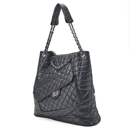 CHANEL Vintage Calf Matelasse 2.55 Turn Lock 2-Way Shoulder Outside Flap Multi-Pocket Black Silver-Tone Hardware, Pre-Owned