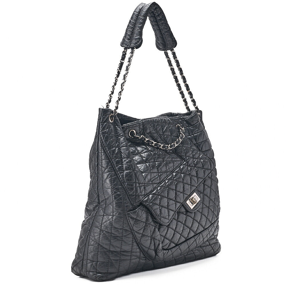 CHANEL Vintage Calf Matelasse 2.55 Turn Lock 2-Way Shoulder Outside Flap Multi-Pocket Black Silver-Tone Hardware, Pre-Owned