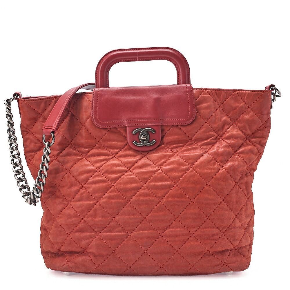 CHANEL Sparkle Leather Matelasse 2WAY Chain Shoulder Red Silver-Tone Hardware, Pre-Owned