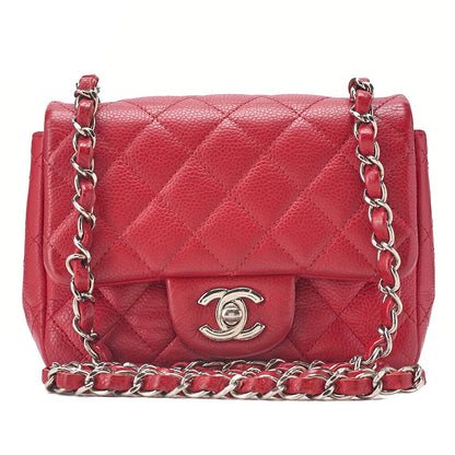 CHANEL Chain Shoulder Bag Mini Matelasse 17cm Caviar Skin Red Silver-Tone Hardware, Pre-Owned