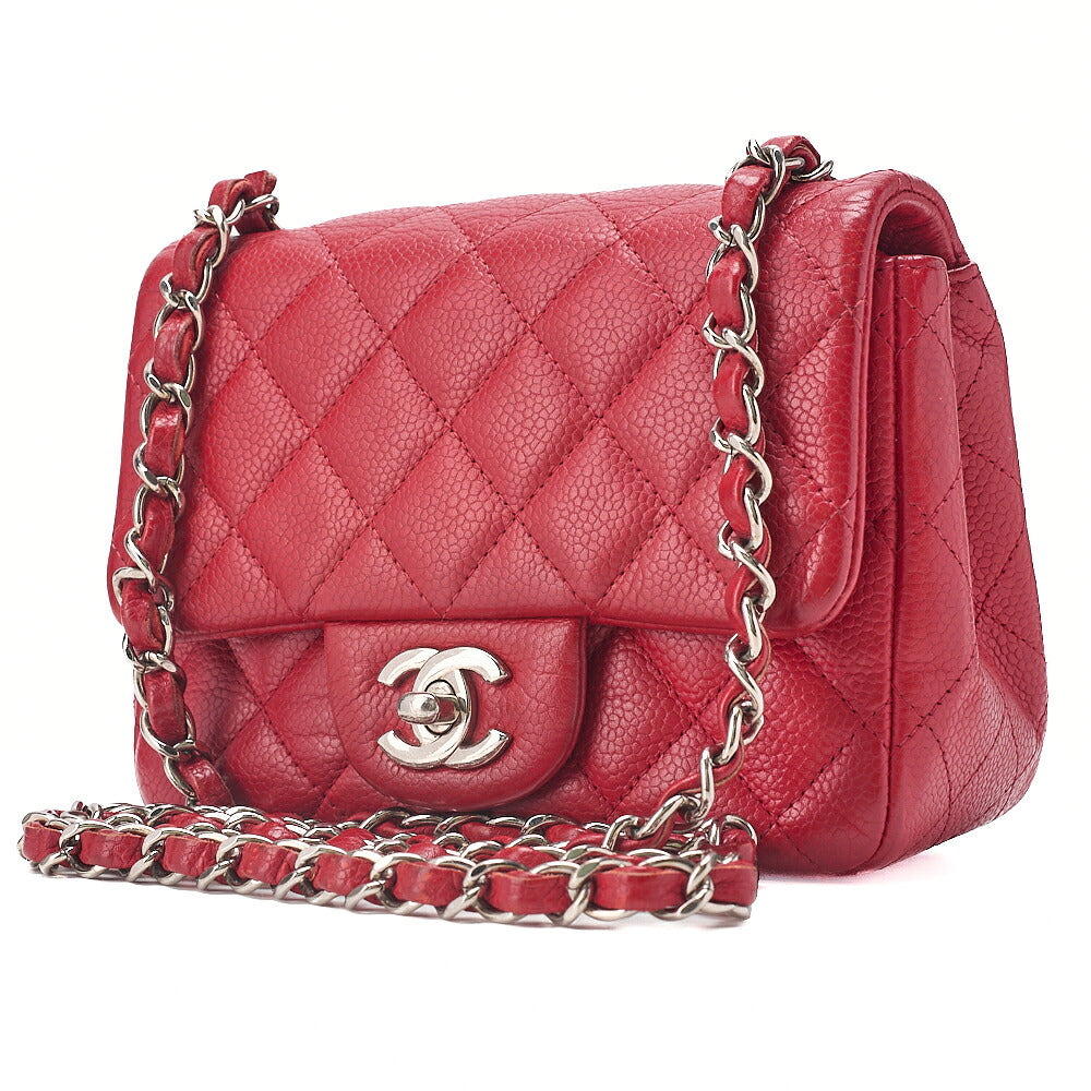 CHANEL Chain Shoulder Bag Mini Matelasse 17cm Caviar Skin Red Silver-Tone Hardware, Pre-Owned