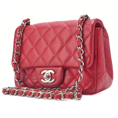 CHANEL Chain Shoulder Bag Mini Matelasse 17cm Caviar Skin Red Silver-Tone Hardware, Pre-Owned