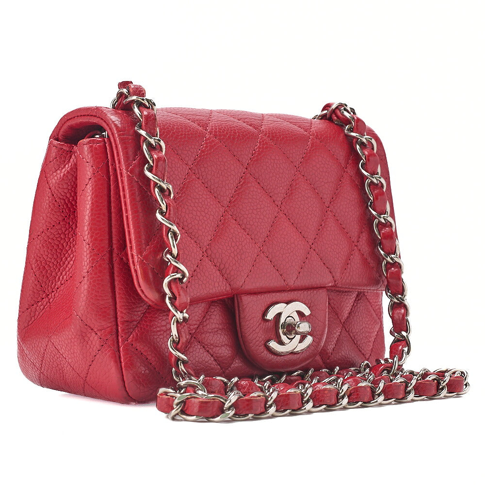 CHANEL Chain Shoulder Bag Mini Matelasse 17cm Caviar Skin Red Silver-Tone Hardware, Pre-Owned