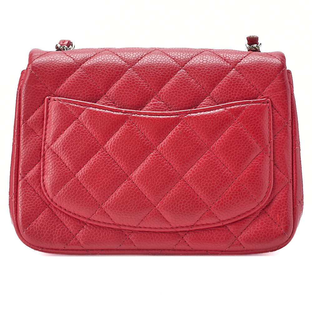 CHANEL Chain Shoulder Bag Mini Matelasse 17cm Caviar Skin Red Silver-Tone Hardware, Pre-Owned