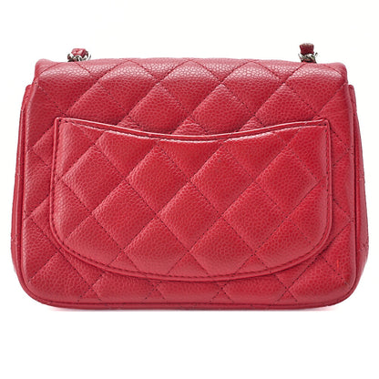 CHANEL Chain Shoulder Bag Mini Matelasse 17cm Caviar Skin Red Silver-Tone Hardware, Pre-Owned