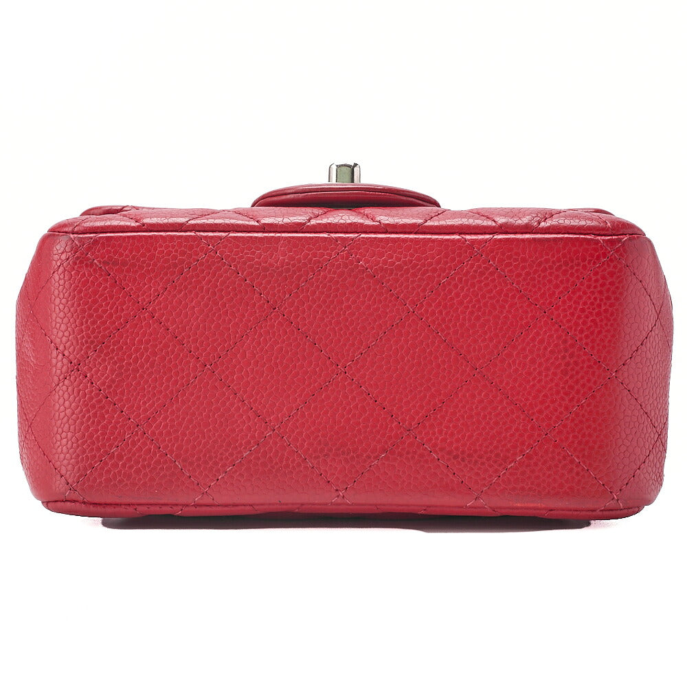 CHANEL Chain Shoulder Bag Mini Matelasse 17cm Caviar Skin Red Silver-Tone Hardware, Pre-Owned