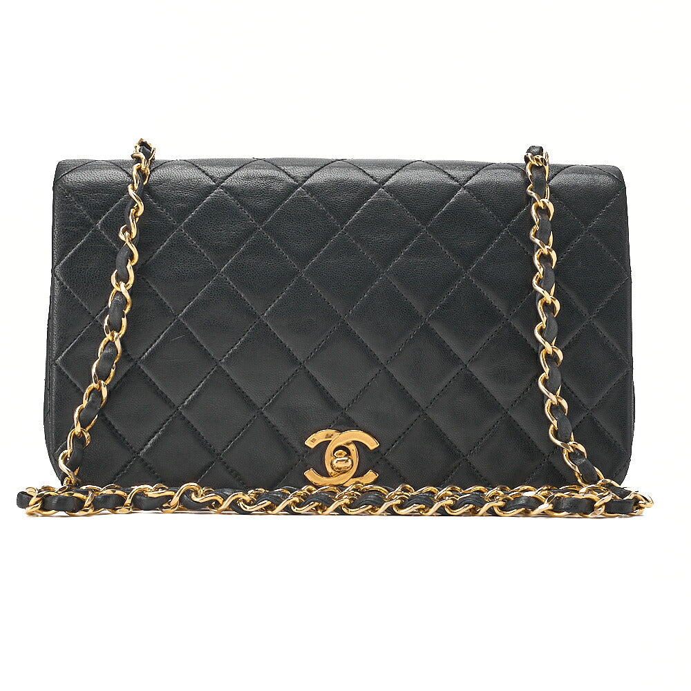 CHANEL Lambskin Lambskin Matelasse Full Flap Turn Lock Chain Shoulder Black Gold-Tone Hardware, Pre-Owned