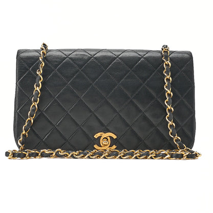 CHANEL Lambskin Lambskin Matelasse Full Flap Turn Lock Chain Shoulder Black Gold-Tone Hardware, Pre-Owned