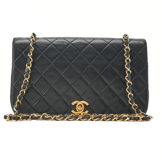 CHANEL Lambskin Lambskin Matelasse Full Flap Turn Lock Chain Shoulder Black Gold-Tone Hardware, Pre-Owned