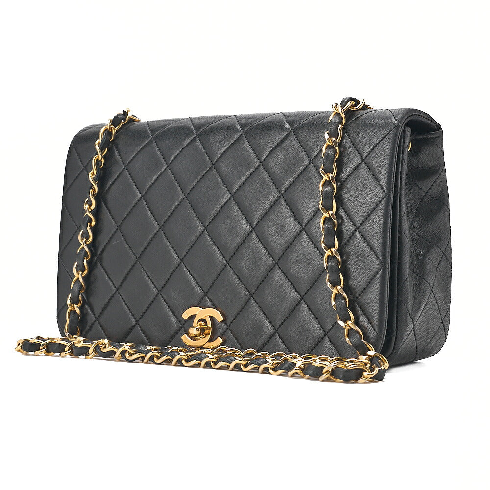 CHANEL Lambskin Lambskin Matelasse Full Flap Turn Lock Chain Shoulder Black Gold-Tone Hardware, Pre-Owned