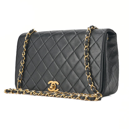 CHANEL Lambskin Lambskin Matelasse Full Flap Turn Lock Chain Shoulder Black Gold-Tone Hardware, Pre-Owned