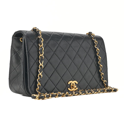 CHANEL Lambskin Lambskin Matelasse Full Flap Turn Lock Chain Shoulder Black Gold-Tone Hardware, Pre-Owned