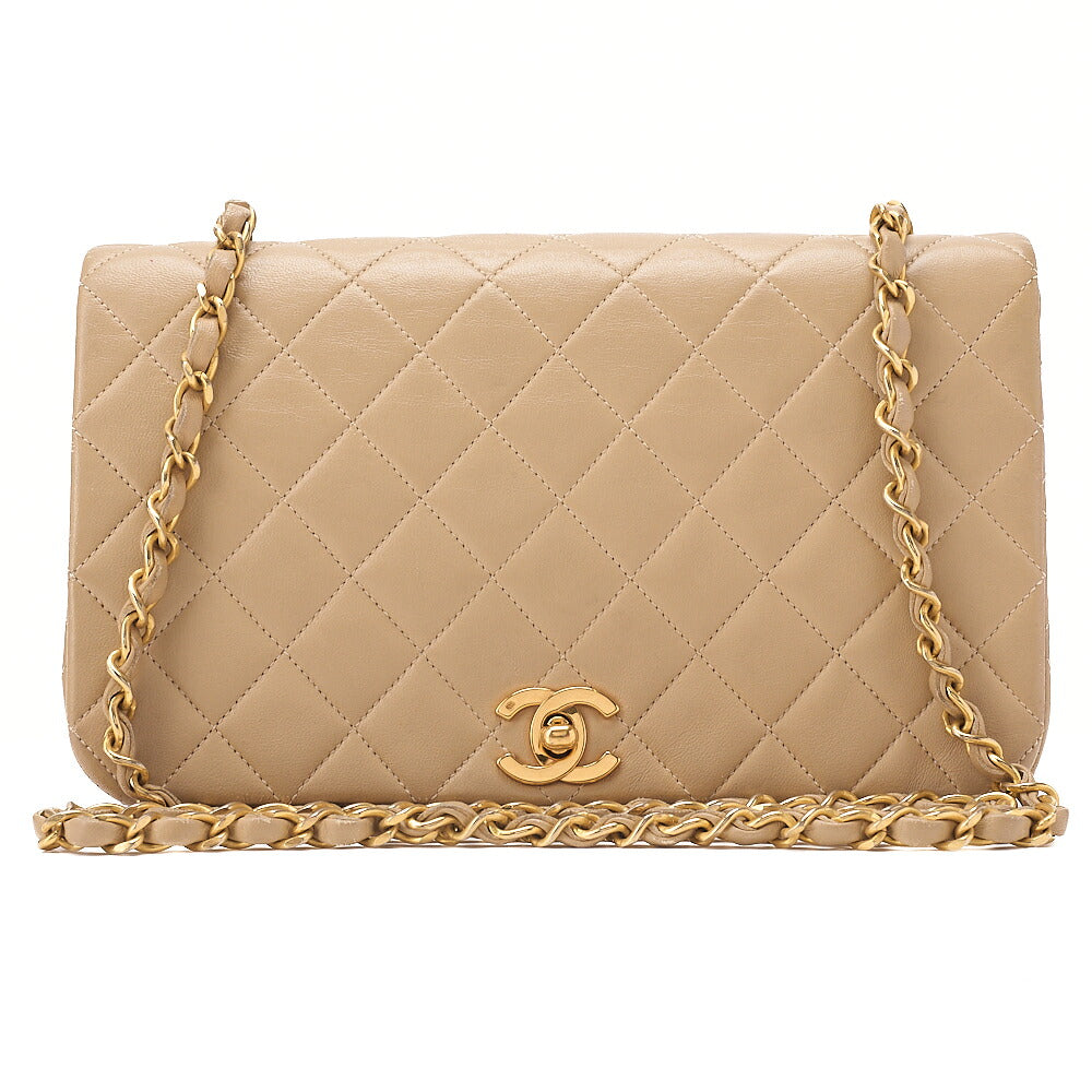 CHANEL Lambskin Lambskin Matelasse Full Flap Turn Lock Chain Shoulder Beige Gold-Tone Hardware, Pre-Owned