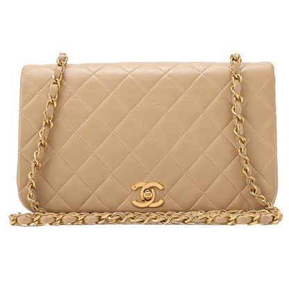 CHANEL Lambskin Lambskin Matelasse Full Flap Turn Lock Chain Shoulder Beige Gold-Tone Hardware, Pre-Owned