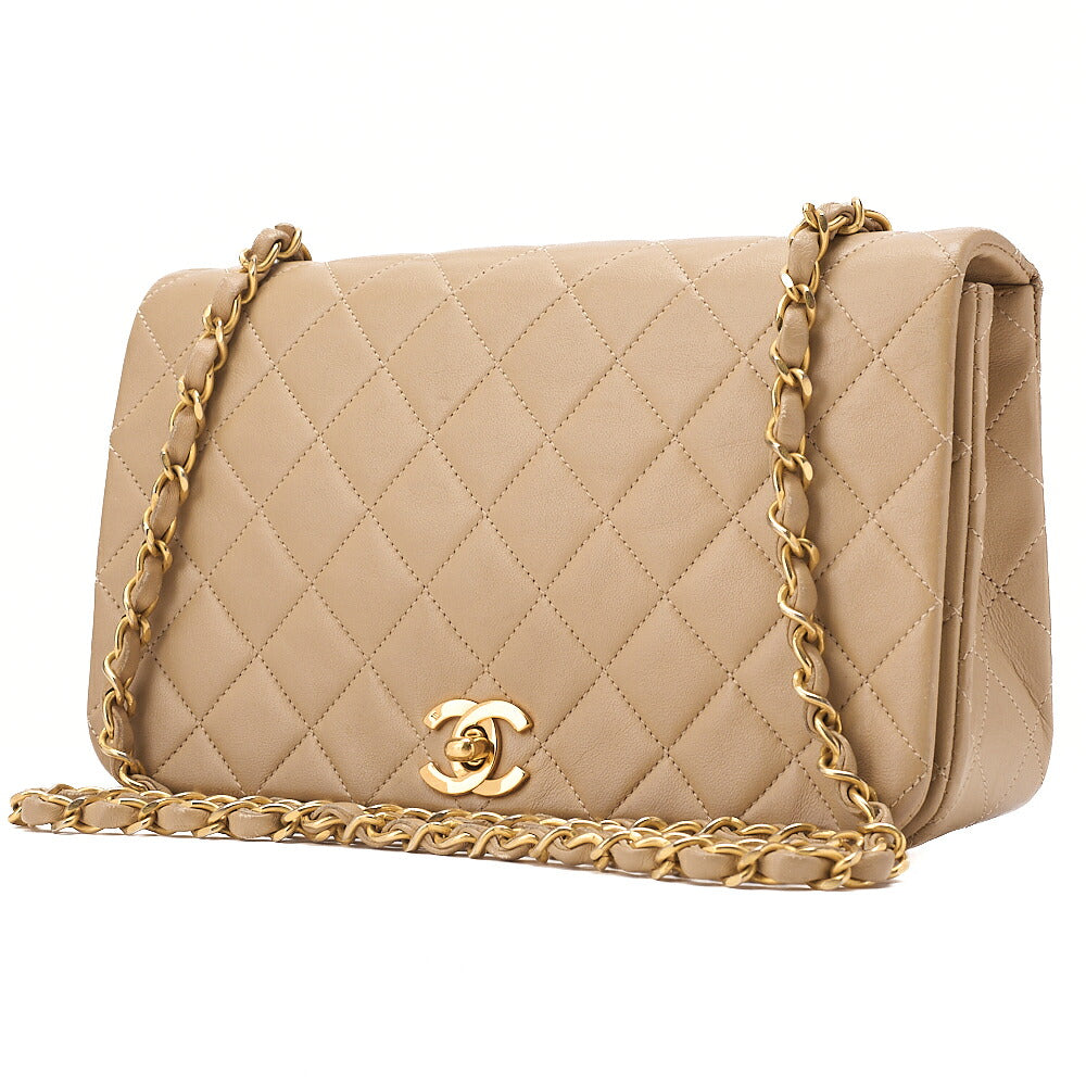 CHANEL Lambskin Lambskin Matelasse Full Flap Turn Lock Chain Shoulder Beige Gold-Tone Hardware, Pre-Owned