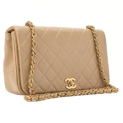 CHANEL Lambskin Lambskin Matelasse Full Flap Turn Lock Chain Shoulder Beige Gold-Tone Hardware, Pre-Owned