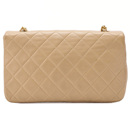 CHANEL Lambskin Lambskin Matelasse Full Flap Turn Lock Chain Shoulder Beige Gold-Tone Hardware, Pre-Owned