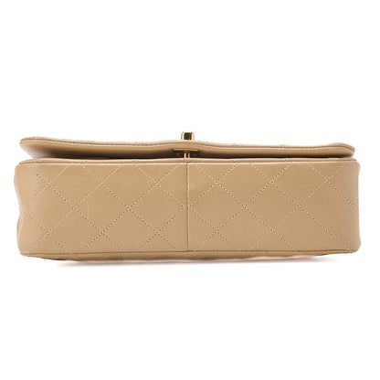CHANEL Lambskin Lambskin Matelasse Full Flap Turn Lock Chain Shoulder Beige Gold-Tone Hardware, Pre-Owned