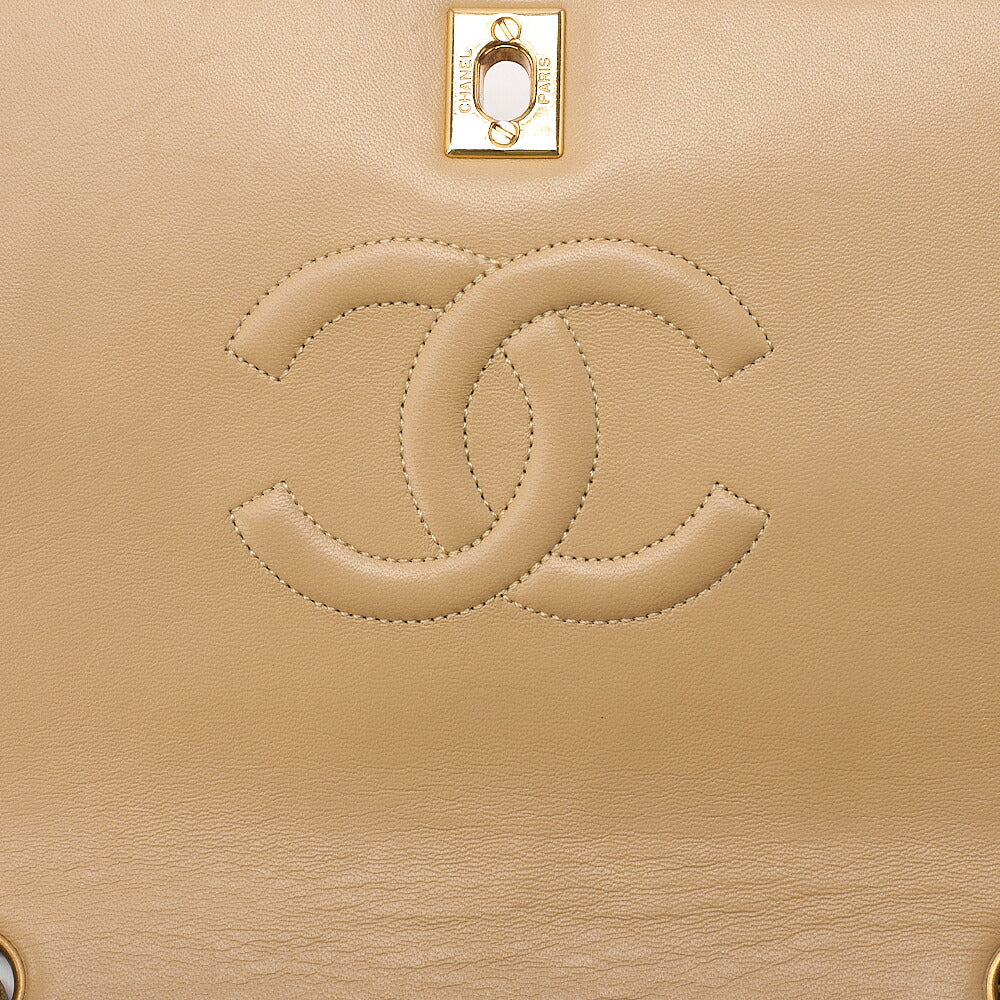 CHANEL Lambskin Lambskin Matelasse Full Flap Turn Lock Chain Shoulder Beige Gold-Tone Hardware, Pre-Owned