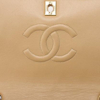 CHANEL Lambskin Lambskin Matelasse Full Flap Turn Lock Chain Shoulder Beige Gold-Tone Hardware, Pre-Owned