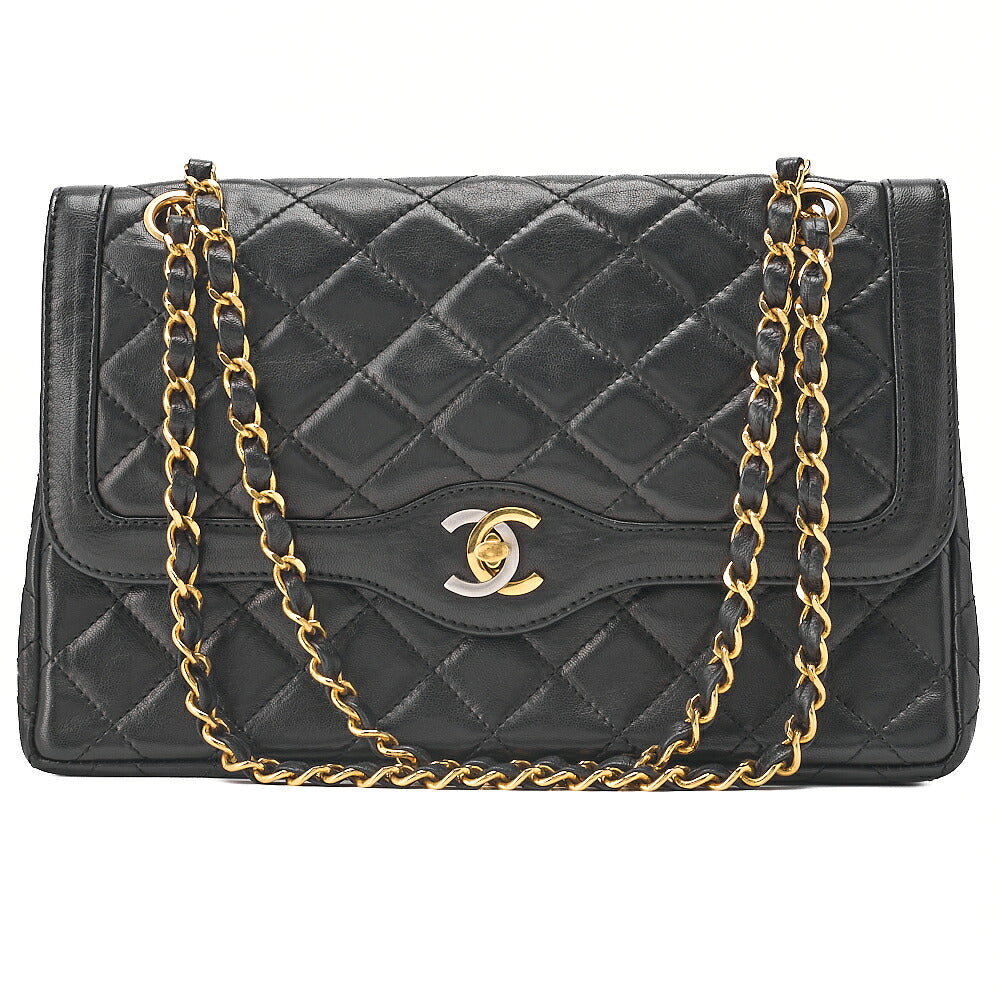 CHANEL Lambskin Matelasse 26cm Paris Limited Double Flap Shoulder Bag Black Gold-Tone Hardware, Pre-Owned
