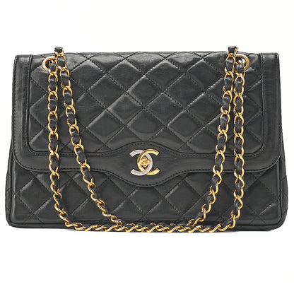 CHANEL Lambskin Matelasse 26cm Paris Limited Double Flap Shoulder Bag Black Gold-Tone Hardware, Pre-Owned