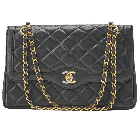 CHANEL Lambskin Matelasse 26cm Paris Limited Double Flap Shoulder Bag Black Gold-Tone Hardware, Pre-Owned