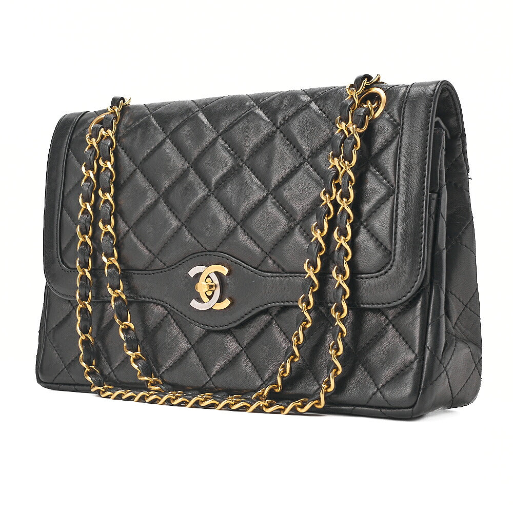 CHANEL Lambskin Matelasse 26cm Paris Limited Double Flap Shoulder Bag Black Gold-Tone Hardware, Pre-Owned