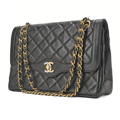 CHANEL Lambskin Matelasse 26cm Paris Limited Double Flap Shoulder Bag Black Gold-Tone Hardware, Pre-Owned