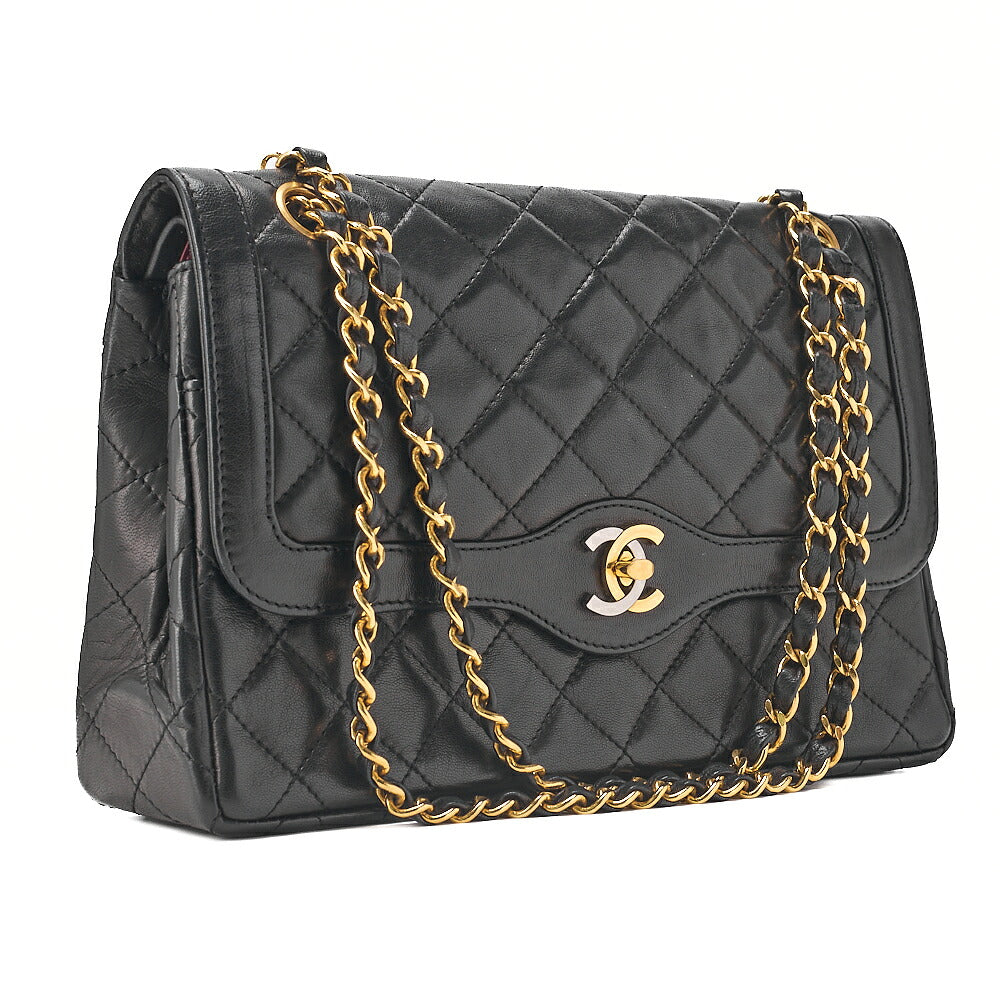 CHANEL Lambskin Matelasse 26cm Paris Limited Double Flap Shoulder Bag Black Gold-Tone Hardware, Pre-Owned