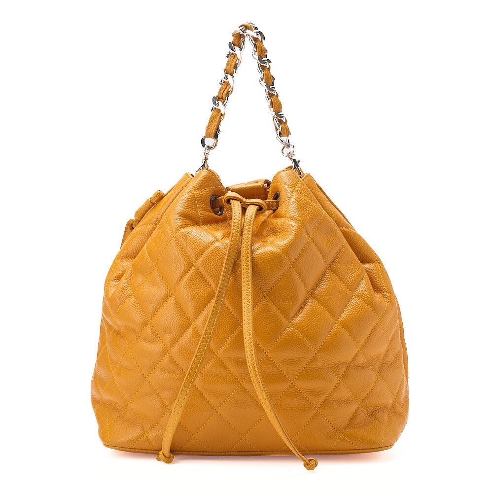CHANEL Chanel Caviar Skin Drawstring Matelasse Chain Backpack with Plate Charm Yellow Silver-Tone Hardware, Pre-Owned