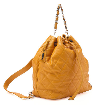 CHANEL Chanel Caviar Skin Drawstring Matelasse Chain Backpack with Plate Charm Yellow Silver-Tone Hardware, Pre-Owned