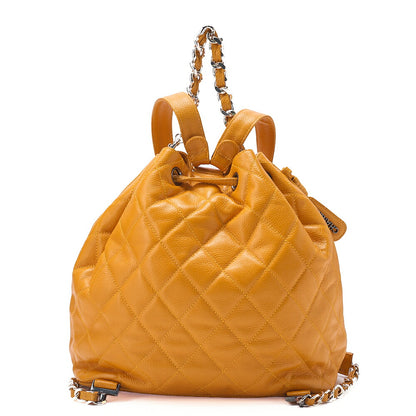 CHANEL Chanel Caviar Skin Drawstring Matelasse Chain Backpack with Plate Charm Yellow Silver-Tone Hardware, Pre-Owned