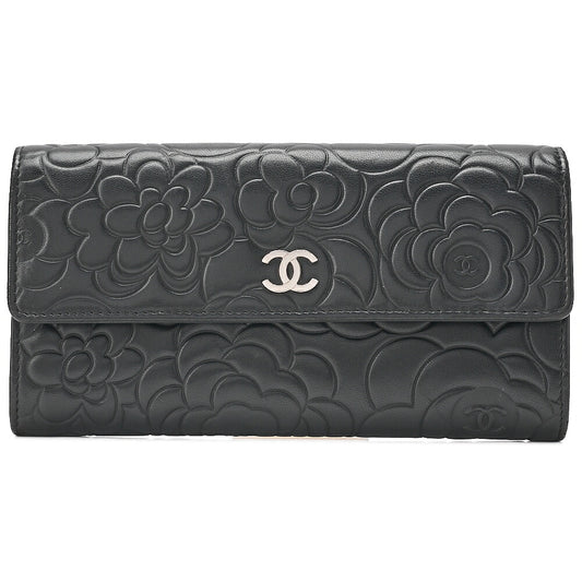 CHANEL Lambskin Coco Mark Camellia Bi-Fold Long Wallet Black Silver-Tone Hardware, Pre-Owned