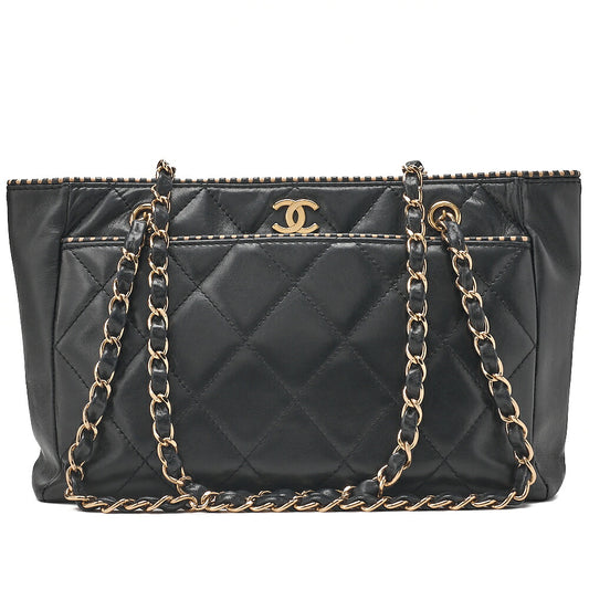 CHANEL Lambskin Matelasse Coco Mark Edge Punching Chain Tote Black Gold-Tone Hardware, Pre-Owned