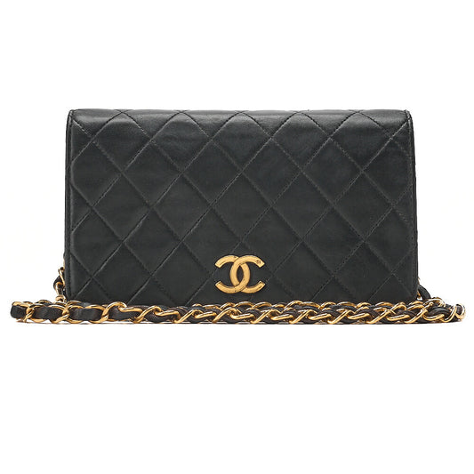 CHANEL Lambskin Matelasse Full Flap 19cm Push Lock Chain Shoulder Black Gold-Tone Hardware, Pre-Owned