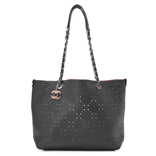 CHANEL Punched Leather x Caviar Skin Matelasse Coco Charm Chain Shoulder Black Silver-Tone Hardware, Pre-Owned