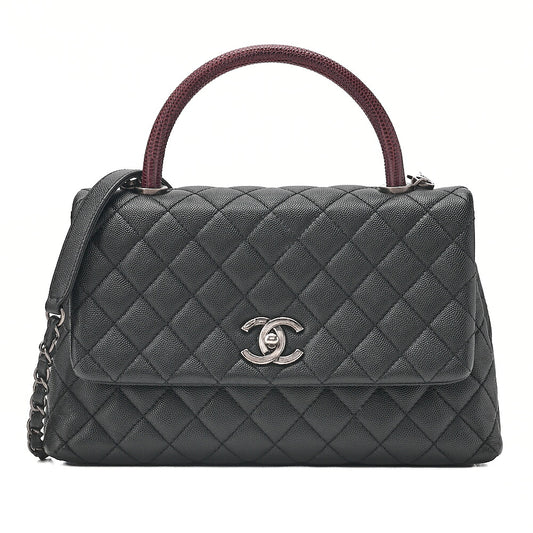 CHANEL Shoulder Bag Matelasse Coco Handle 29 S 2-Way Handbag Caviar Skin x Lizard Black x Bordeaux Silver-Tone Hardware, Pre-Owned