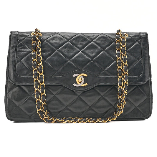 CHANEL Lambskin Matelasse 27cm Paris Limited Double Flap Shoulder Bag Black Gold x Silver-Tone Hardware, Pre-Owned