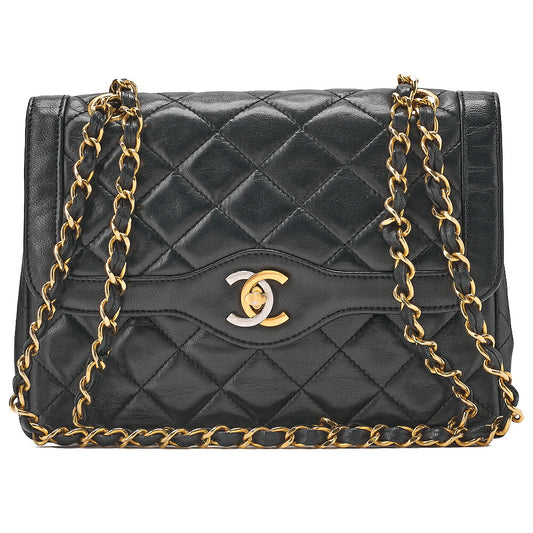 CHANEL Lambskin Matelasse 21cm Paris Limited Double Flap Shoulder Bag Black Gold x Silver-Tone Hardware, Pre-Owned