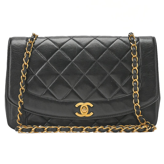 CHANEL Lambskin Matelasse Diana 25cm Single Plap Chain Shoulder Black Gold-Tone Hardware, Pre-Owned