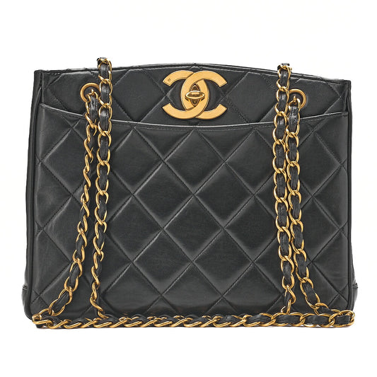 CHANEL Lambskin Matelasse Dekacoco Chain Tote Bag Black Gold-Tone Hardware, Pre-Owned