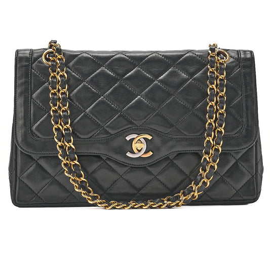 CHANEL Lambskin Matelasse 26cm Paris Limited Double Flap Shoulder Bag Black Gold x Silver-Tone Hardware, Pre-Owned